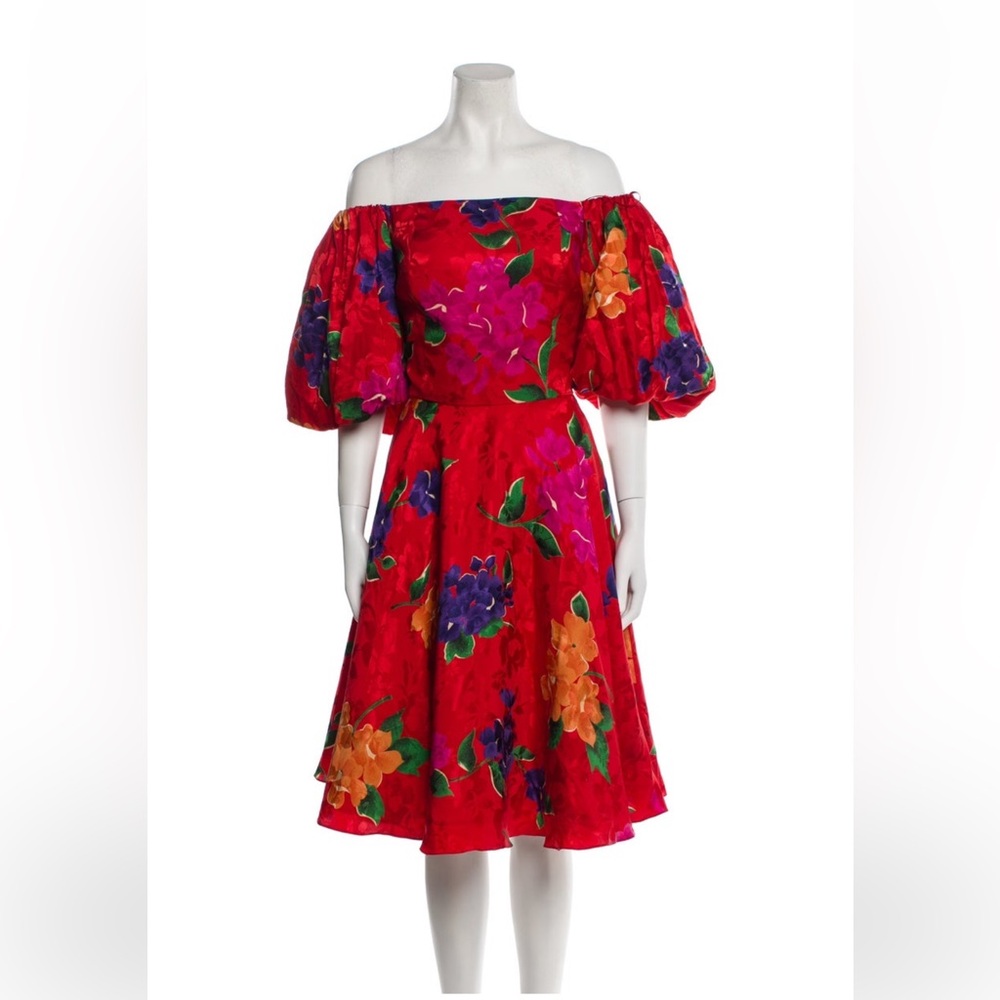 Bergdorf Goodman silk midi Vibrant Floral Puff Sleeve Dress- small